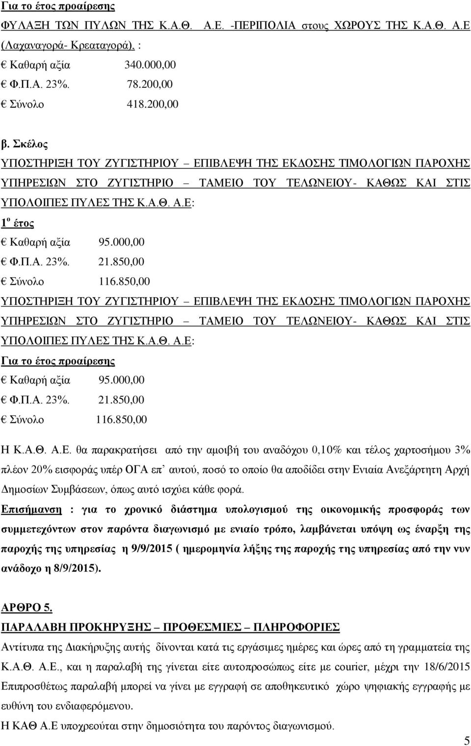 000,00 Φ.Π.Α. 23%. 21.850,00 Σύνολο 116.850,00 ΥΠΟΣΤΗΡΙΞΗ ΤΟΥ ΖΥΓΙΣΤΗΡΙΟΥ ΕΠΙΒΛΕΨΗ ΤΗΣ ΕΚΔΟΣΗΣ ΤΙΜΟΛΟΓΙΩΝ ΠΑΡΟΧΗΣ ΥΠΗΡΕΣΙΩΝ ΣΤΟ ΖΥΓΙΣΤΗΡΙΟ ΤΑΜΕΙΟ ΤΟΥ ΤΕΛΩΝΕΙΟΥ- ΚΑΘΩΣ ΚΑΙ ΣΤΙΣ ΥΠΟΛΟΙΠΕΣ ΠΥΛΕΣ ΤΗΣ Κ.Α.Θ. Α.