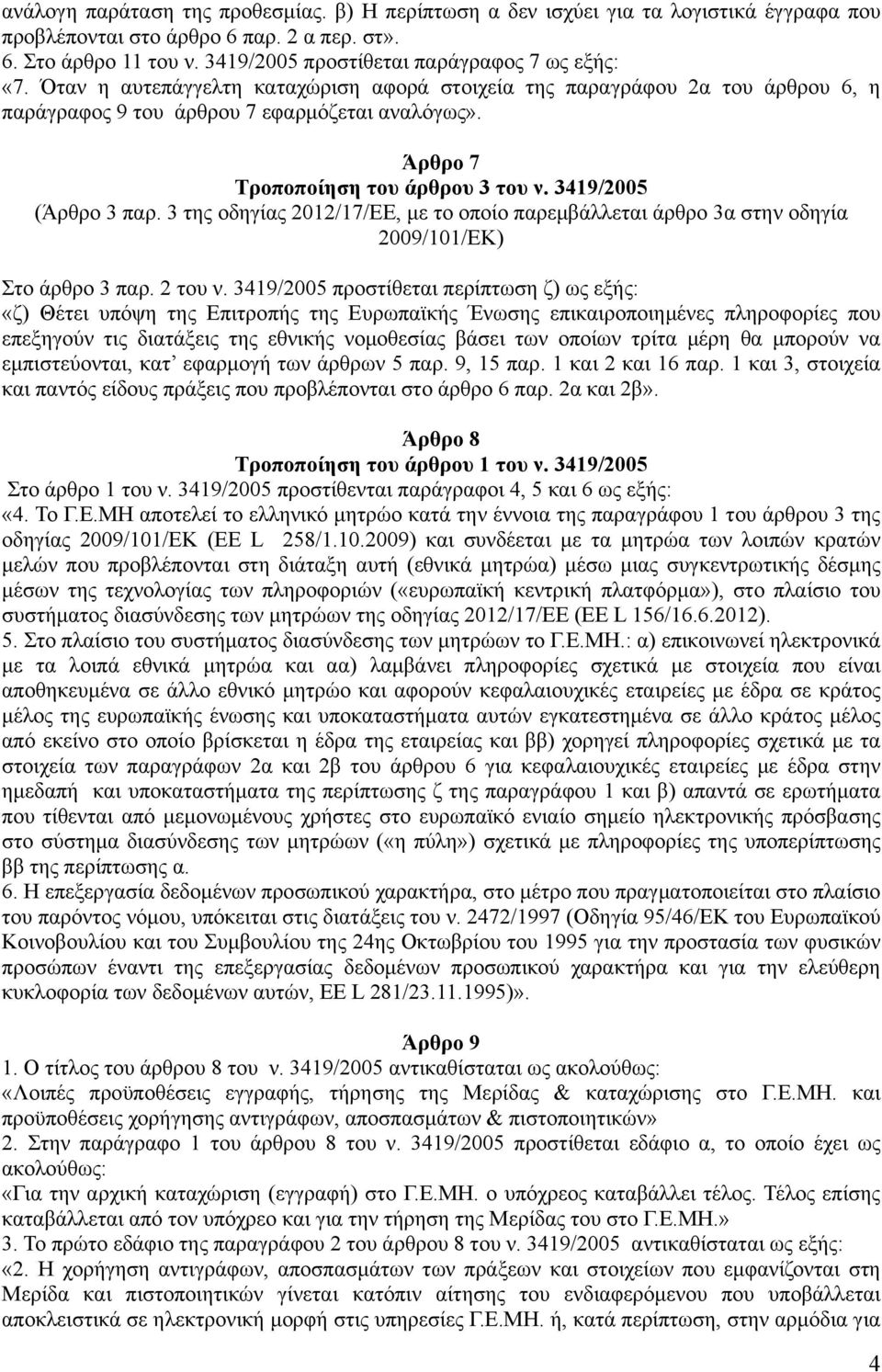 Άρθρο 7 Τροποποίηση του άρθρου 3 του ν. 3419/2005 (Άρθρο 3 παρ. 3 της οδηγίας 2012/17/ΕΕ, με το οποίο παρεμβάλλεται άρθρο 3α στην οδηγία 2009/101/ΕΚ) Στο άρθρο 3 παρ. 2 του ν.