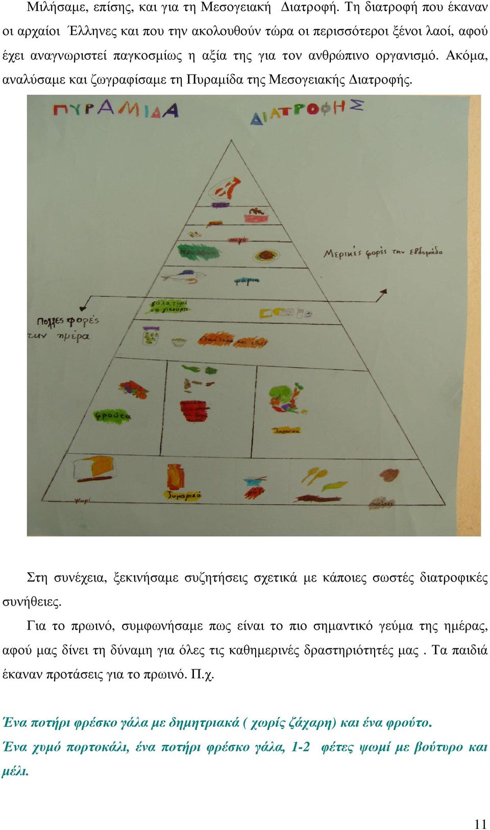 Ακόµα, αναλύσαµε και ζωγραφίσαµε τη Πυραµίδα της Μεσογειακής ιατροφής. Στη συνέχεια, ξεκινήσαµε συζητήσεις σχετικά µε κάποιες σωστές διατροφικές συνήθειες.