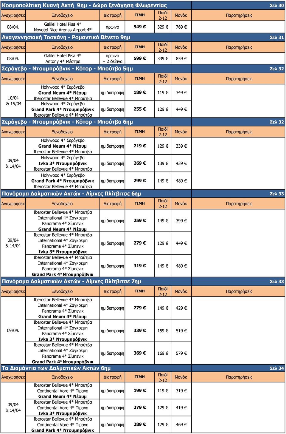 - Ντουμπρόβνικ - Κότορ - Μπούτβα 6ημ & Holywood 4* Σεράγεβο Holywood 4* Σεράγεβο Ivka 3* Ντουμπρόβνικ Holywood 4* Σεράγεβο Grand Park 4* Ντουμπρόβνικ 599 339 859 ημι 189 119 349 ημι 255 129 449