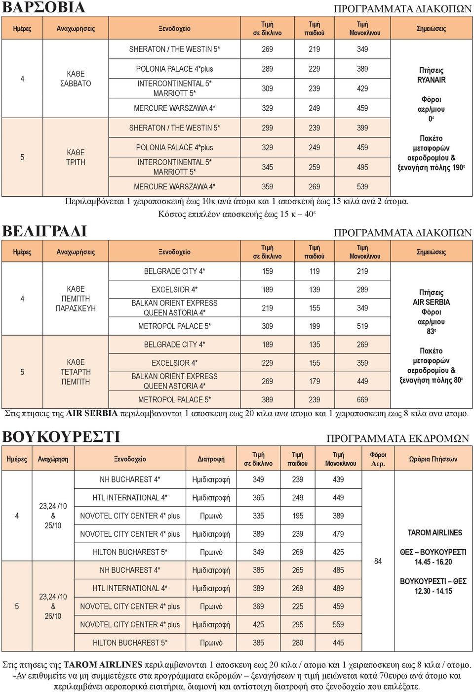Κόστος επιπλέον αποσκευής έως 1 κ ΒΕΛΙΓΡΑΔΙ ΒΕLGRADE CITY * 19 119 219 EXCELSIOR * 189 139 289 BALKAN ORIENT EXPRESS QUEEN ASTORIA * 219 1 39 METROPOL PALACE * 309 199 19 ΒΕLGRADE CITY * 189 13 269