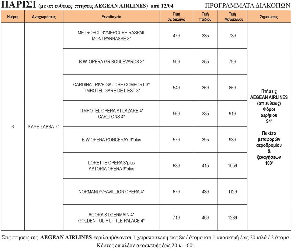 OPERA RONCERAY 3*plus 79 39 939 639 1 109 ΑΕGEAN AIRLINES (απ ευθειας) 9 ε αεροδρομίου 10 NORMANDY/PAVILLION OPERA * 679 39 1129