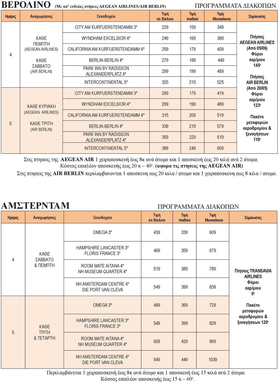 WYNDHAM EXCELSIOR * 299 199 89 CALIFORNIA AM KURFUERSTENDAMM * 31 209 19 BERLIN-BERLIN * 339 219 79 PARK INN BY RADISSON ALEXANDERPLATZ * 39 229 619 AEGEAN AIRLINES (Από 0/06) 1 ε ΑΙR BERLIN (Από