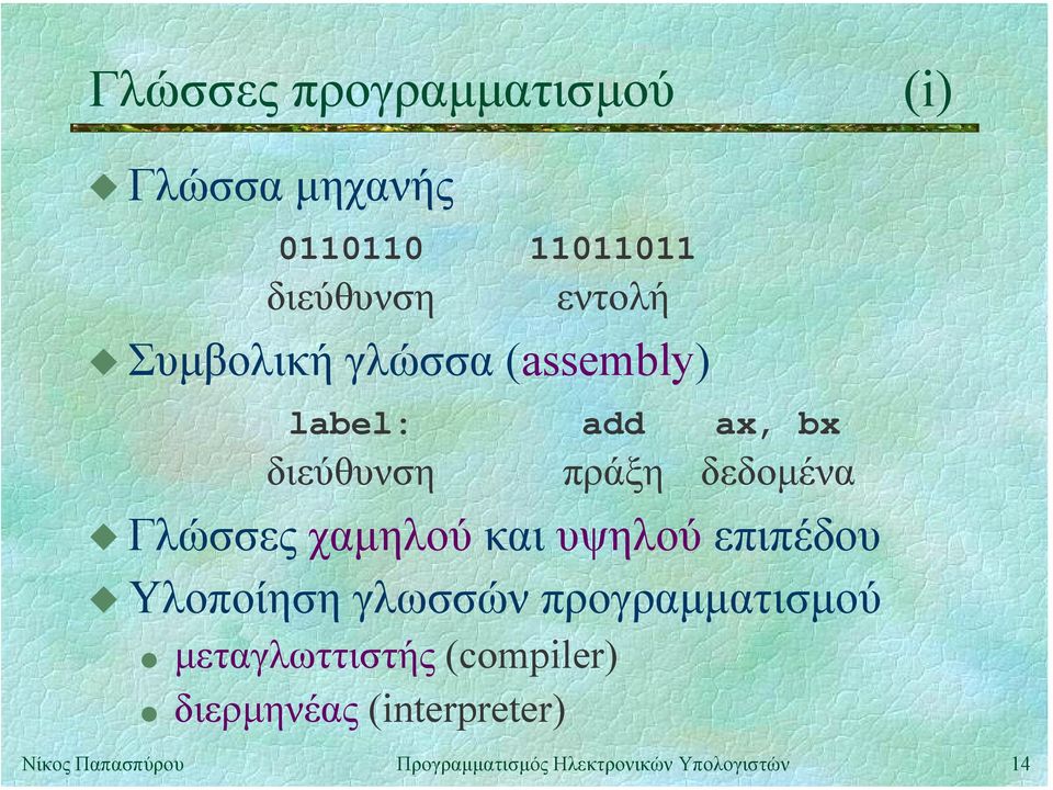Συµβολική γλώσσα (assembly) label: add ax, bx διεύθυνση πράξη
