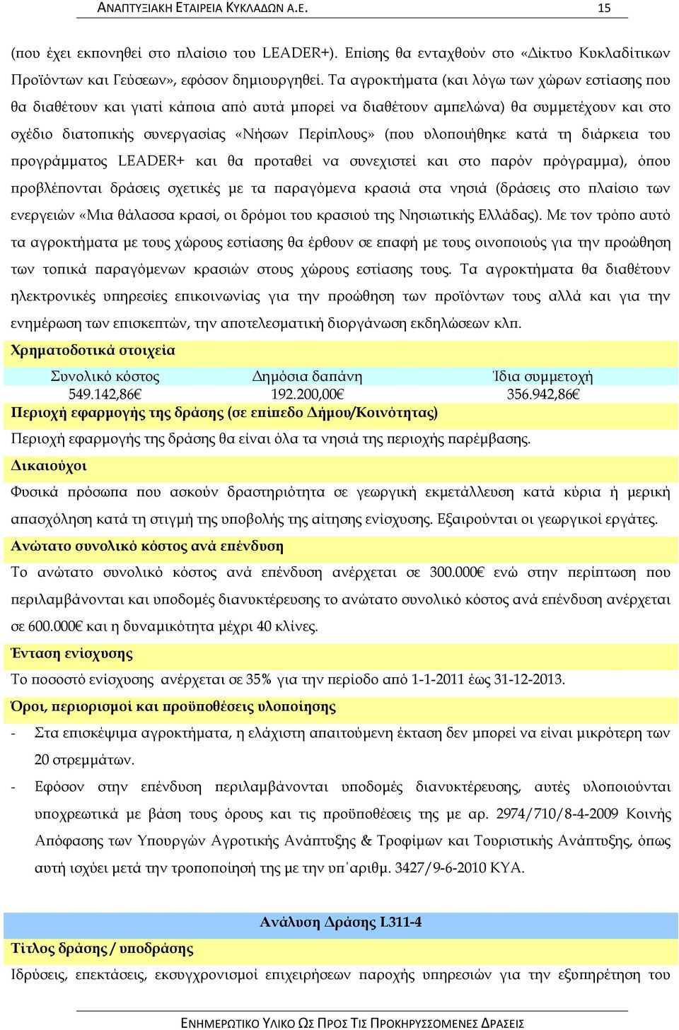 υλοποιήθηκε κατά τη διάρκεια του προγράμματος LEADER+ και θα προταθεί να συνεχιστεί και στο παρόν πρόγραμμα), όπου προβλέπονται δράσεις σχετικές με τα παραγόμενα κρασιά στα νησιά (δράσεις στο πλαίσιο