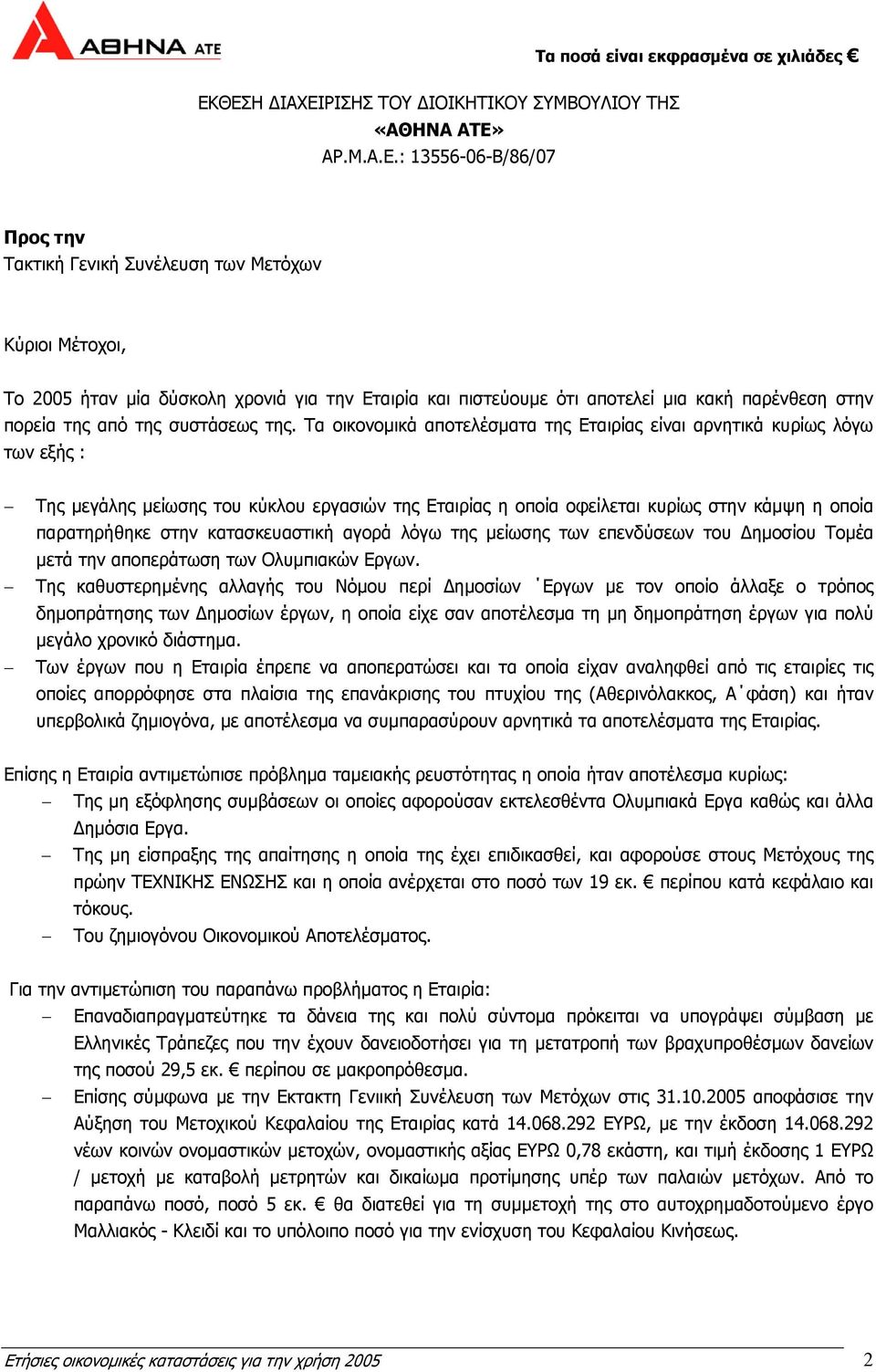 Τα οικονοµικά αποτελέσµατα της Εταιρίας είναι αρνητικά κυρίως λόγω των εξής : Της µεγάλης µείωσης του κύκλου εργασιών της Εταιρίας η οποία οφείλεται κυρίως στην κάµψη η οποία παρατηρήθηκε στην