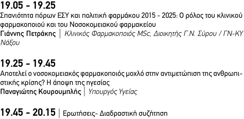 Νοσοκομειακού φαρμακείου Γιάννης Πετράκης Κλινικός Φαρμακοποιός MSc, Διοικητής Γ.Ν. Σύρου / ΓΝ-ΚΥ Νάξου 19.