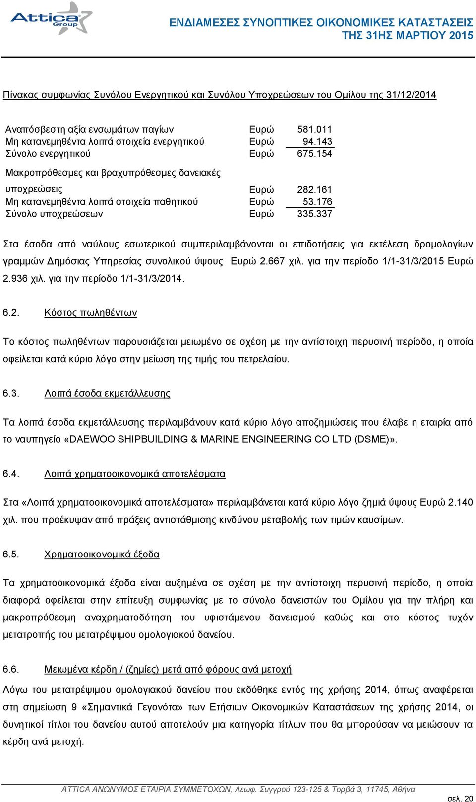 337 ηα έζνδα απφ λαχινπο εζσηεξηθνχ ζπκπεξηιακβάλνληαη νη επηδνηήζεηο γηα εθηέιεζε δξνκνινγίσλ γξακκψλ Γεκφζηαο Τπεξεζίαο ζπλνιηθνχ χςνπο Δπξψ 2.667 ρηι. γηα ηελ πεξίνδν 1/1-31/3/2015 Δπξψ 2.936 ρηι.