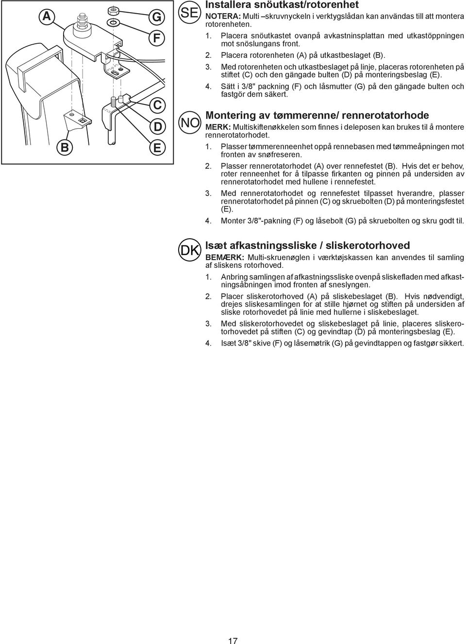 Med rotorenheten och utkastbeslaget på linje, placeras rotorenheten på stiftet (C) och den gängade bulten (D) på monteringsbeslag (E). 4.