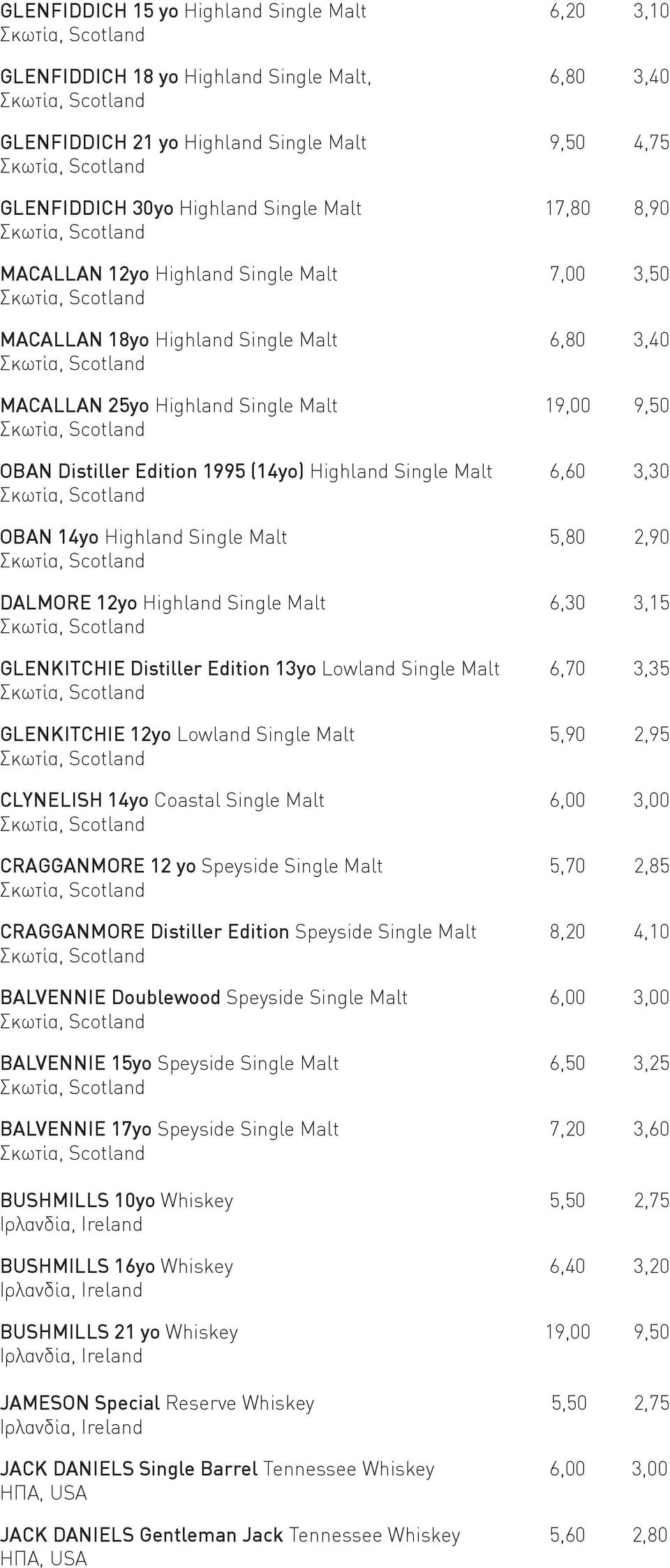 3,30 OBAN 14yo Highland Single Malt 5,80 2,90 DALMORE 12yo Highland Single Malt 6,30 3,15 GLENKITCHIE Distiller Edition 13yo Lowland Single Malt 6,70 3,35 GLENKITCHIE 12yo Lowland Single Malt 5,90