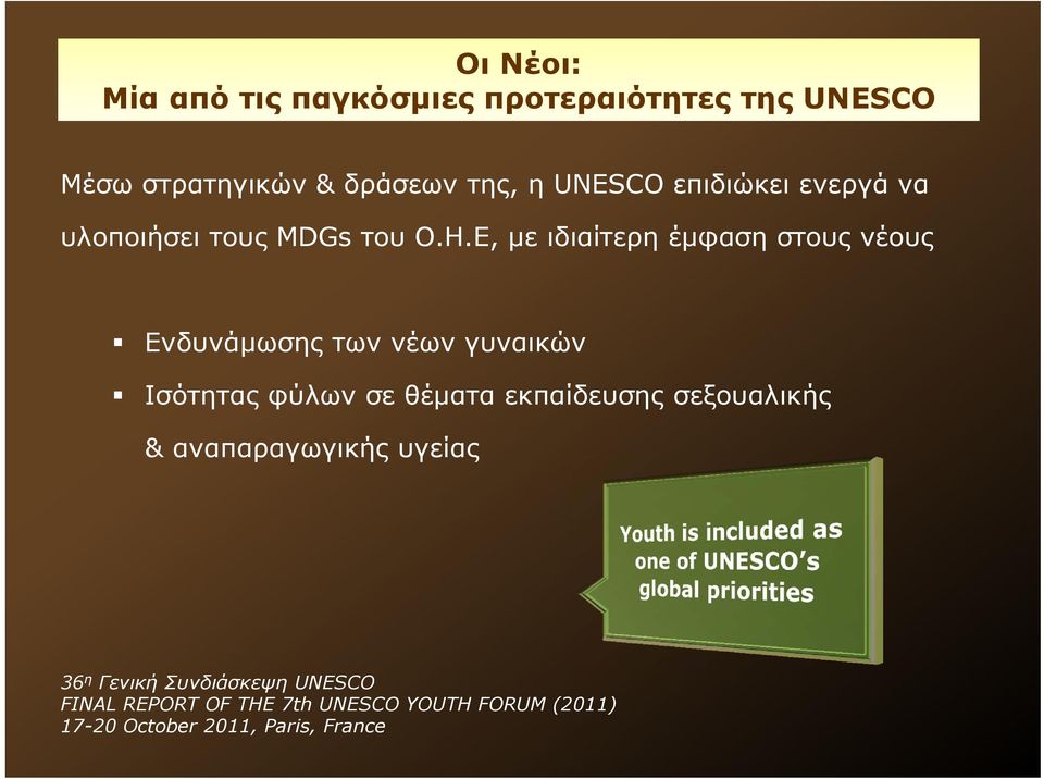 Ε, με ιδιαίτερη έμφαση στους νέους Ενδυνάμωσης των νέων γυναικών Ισότητας φύλων σε θέματα