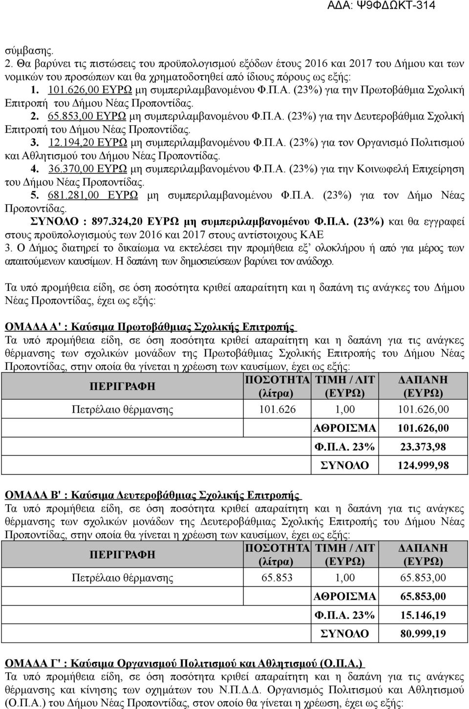 3. 12.194,20 ΕΥΡΩ μη συμπεριλαμβανομένου Φ.Π.Α. (23%) για τον Οργανισμό Πολιτισμού και Αθλητισμού του Δήμου Νέας Προποντίδας. 4. 36.370,00 ΕΥΡΩ μη συμπεριλαμβανομένου Φ.Π.Α. (23%) για την Κοινωφελή Επιχείρηση του Δήμου Νέας Προποντίδας.