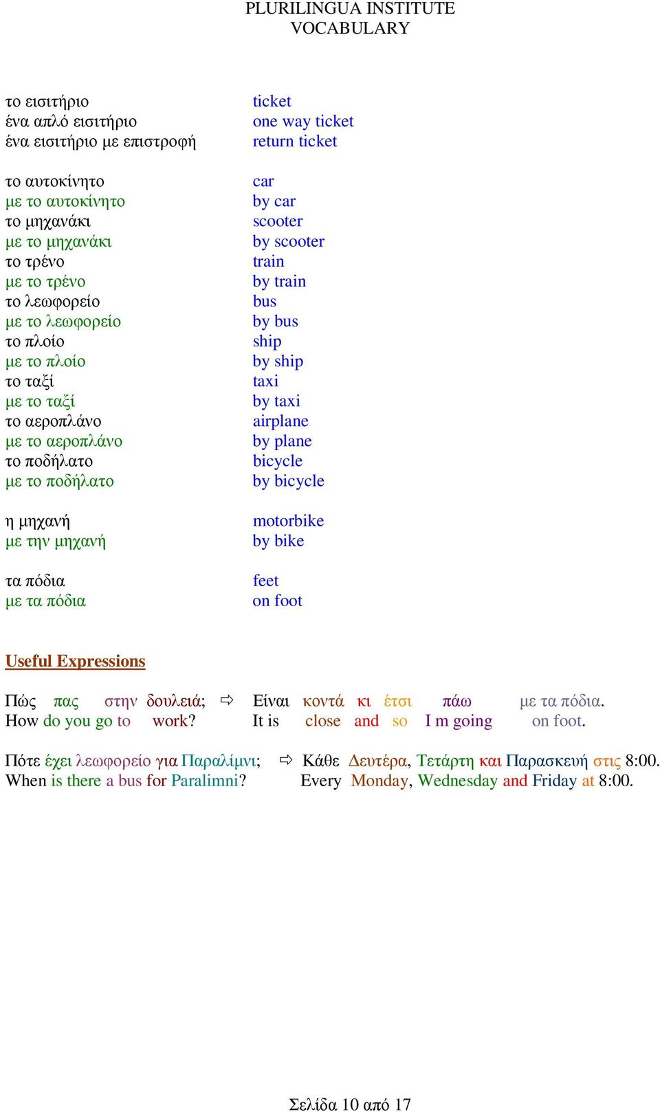 ποδήλατο by bicycle η µηχανή motorbike µε την µηχανή by bike τα πόδια feet µε τα πόδια on foot Useful Expressions Πώς πας στην δουλειά; Είναι κοντά κι έτσι πάω µε τα πόδια. How do you go to work?
