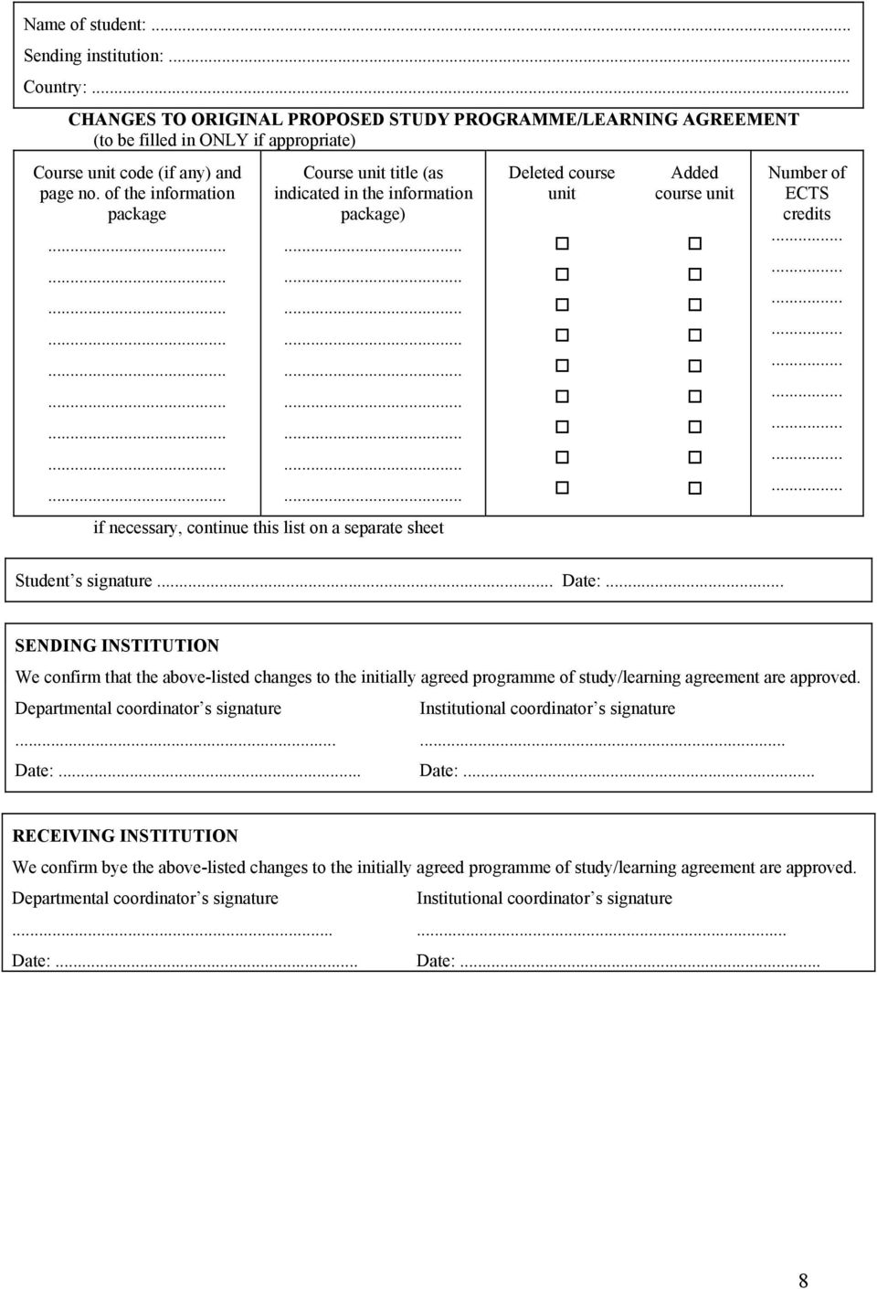 credits Student s signature... Date: SENDING INSTITUTION We confirm that the above-listed changes to the initially agreed programme of study/learning agreement are approved.