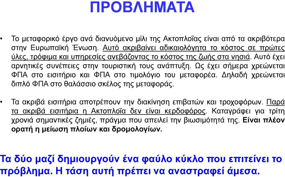 Ωο έρεη ζήκεξα ρξεώλεηαη ΦΠΑ ζην εηζηηήξην θαη ΦΠΑ ζην ηηκνιόγην ηνπ κεηαθνξέα. Γειαδή ρξεώλεηαη δηπιό ΦΠΑ ζην ζαιάζζην ζθέινο ηεο κεηαθνξάο.