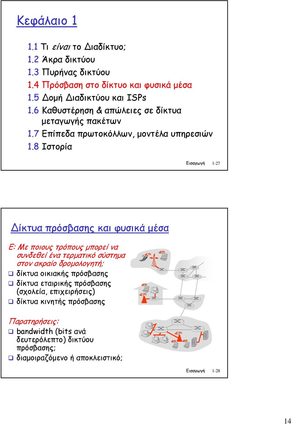 8 Ιστορία Εισαγωγή 1-27 ίκτυα πρόσβασης και φυσικά µέσα Ε: Με ποιους τρόπους µπορεί να συνδεθεί ένα τερµατικό σύστηµα στον ακραίο δροµολογητή; δίκτυα
