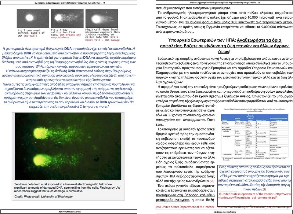 000 microwatt ανά τετραγωνικό μέτρο, ενώ το φυσικό φάσμα είναι μόλις 0,001microwatt ανά τετραγωνικό μέτρο. Ταυτοχρόνως, σε κράτη όπως η Γερμανία επιτρέπεται να φθάσει τα 9.000.000 microwatt ανά τετραγωνικό μέτρο!.. Η φωτογραφία άνω αριστερά δείχνει υγιές DNA, το οποίο δεν έχει εκτεθεί σε ακτινοβολία.