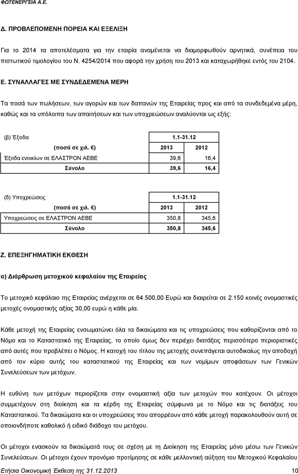 ΣΥΝΑΛΛΑΓΕΣ ΜΕ ΣΥΝΔΕΔΕΜΕΝΑ ΜΕΡΗ Τα ποσά των πωλήσεων, των αγορών και των δαπανών της Εταιρείας προς και από τα συνδεδεμένα μέρη, καθώς και τα υπόλοιπα των απαιτήσεων και των υποχρεώσεων αναλύονται ως