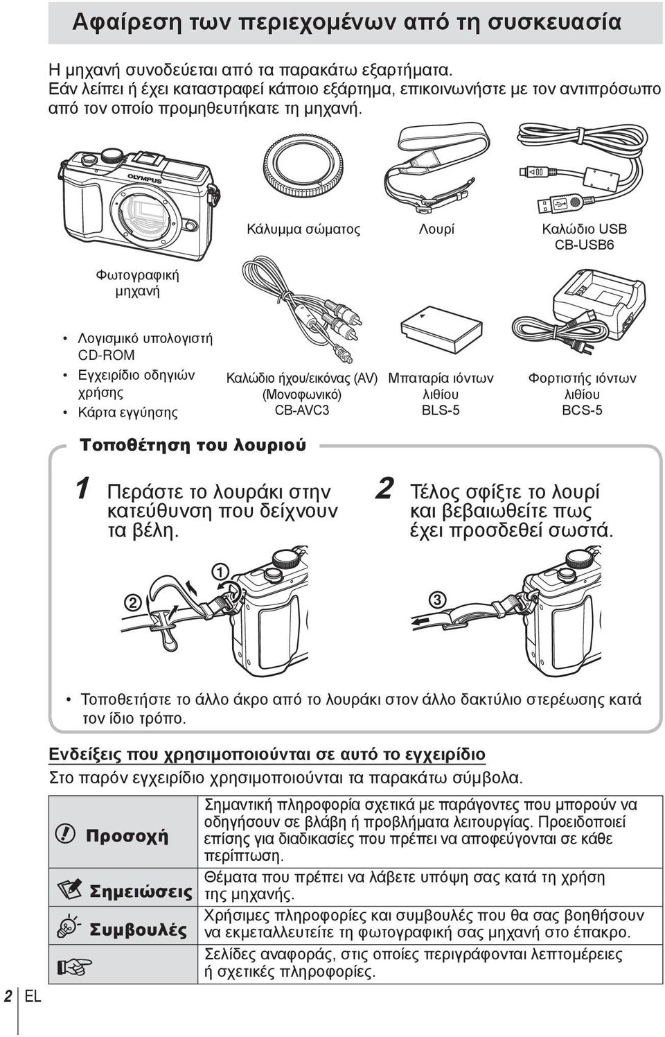 Κάλυμμα σώματος Λουρί Καλώδιο USB CB-USB6 Φωτογραφική μηχανή Λογισμικό υπολογιστή CD-ROM Εγχειρίδιο οδηγιών χρήσης Κάρτα εγγύησης Καλώδιο ήχου/εικόνας (AV) (Μονοφωνικό) CB-AVC3 Μπαταρία ιόντων λιθίου