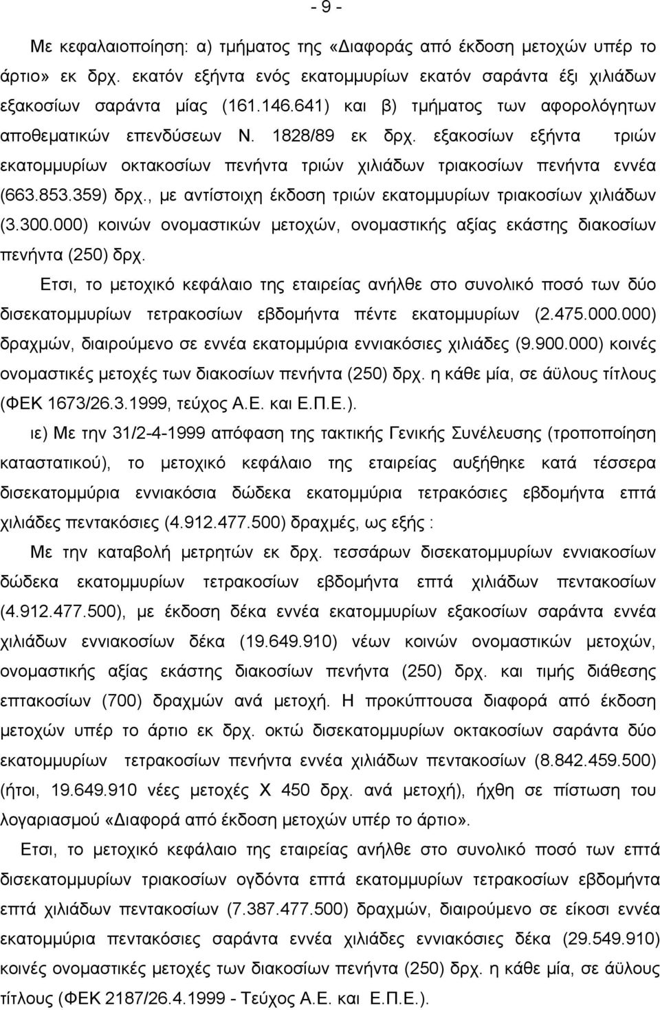 , με αντίστοιχη έκδοση τριών εκατομμυρίων τριακοσίων χιλιάδων (3.300.000) κοινών ονομαστικών μετοχών, ονομαστικής αξίας εκάστης διακοσίων πενήντα (250) δρχ.