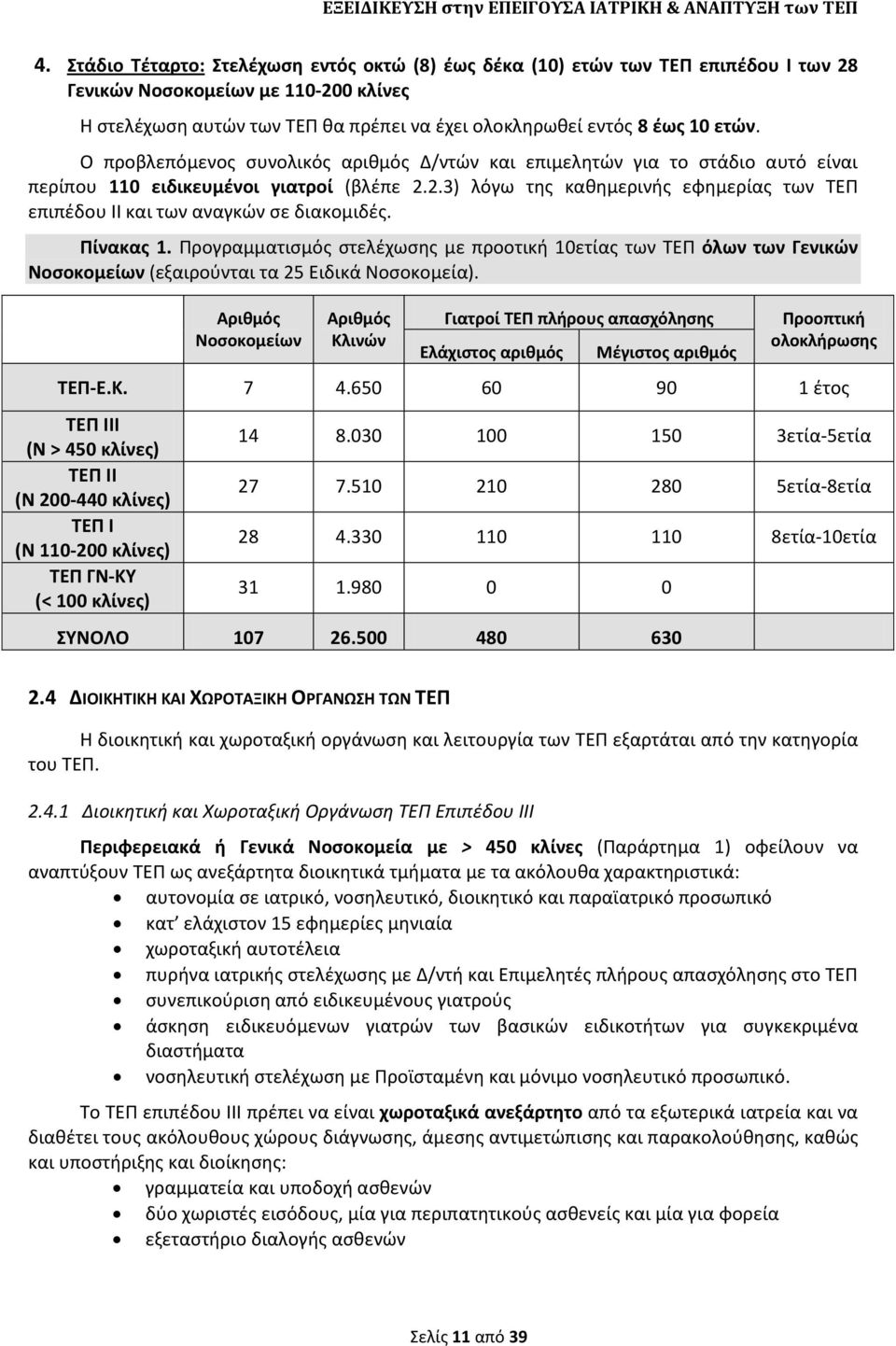 Ο προβλεπόμενοσ ςυνολικόσ αρικμόσ Δ/ντϊν και επιμελθτϊν για το ςτάδιο αυτό είναι περίπου 110 ειδικευμζνοι γιατροί (βλζπε 2.