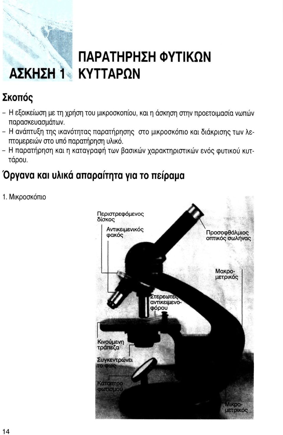 - Η παρατήρηση και η καταγραφή των βασικών χαρακτηριστικών ενός φυτικού κυττάρου. Όργανα και υλικά απαραίτητα για το πείραμα 1.