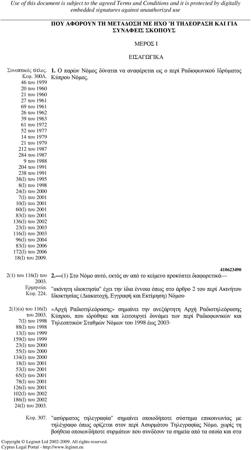 38(Ι) του 1995 8(Ι) του 1998 24(Ι) του 2000 7(Ι) του 2001 10(Ι) του 2001 60(Ι) του 2001 83(Ι) του 2001 136(Ι) του 2002 23(Ι) του 2003 116(Ι) του 2003 96(Ι) του 2004 83(Ι) του 2006 172(Ι) του 2006