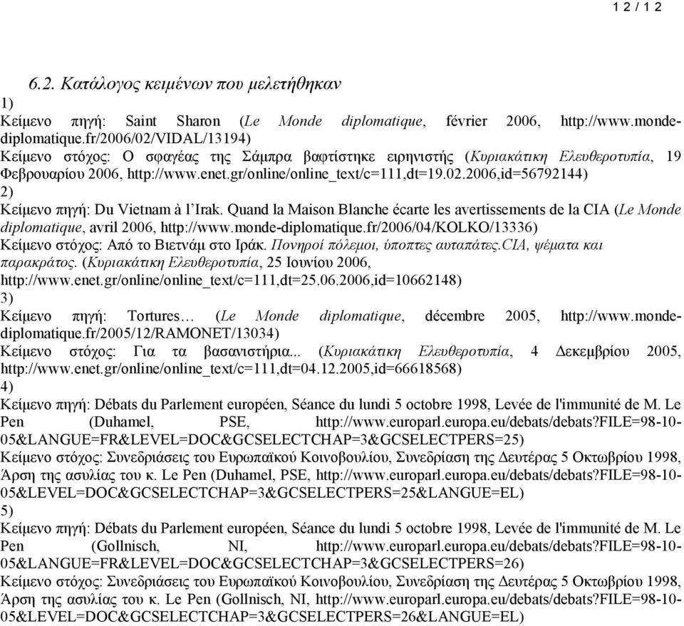 Quand la Maison Blanche écarte les avertissements de la CIA (Le Monde diplomatique, avril 2006, http://www.monde-diplomatique.fr/2006/04/kolko/13336) Κείµενο στόχος: Από το Βιετνάµ στο Ιράκ.