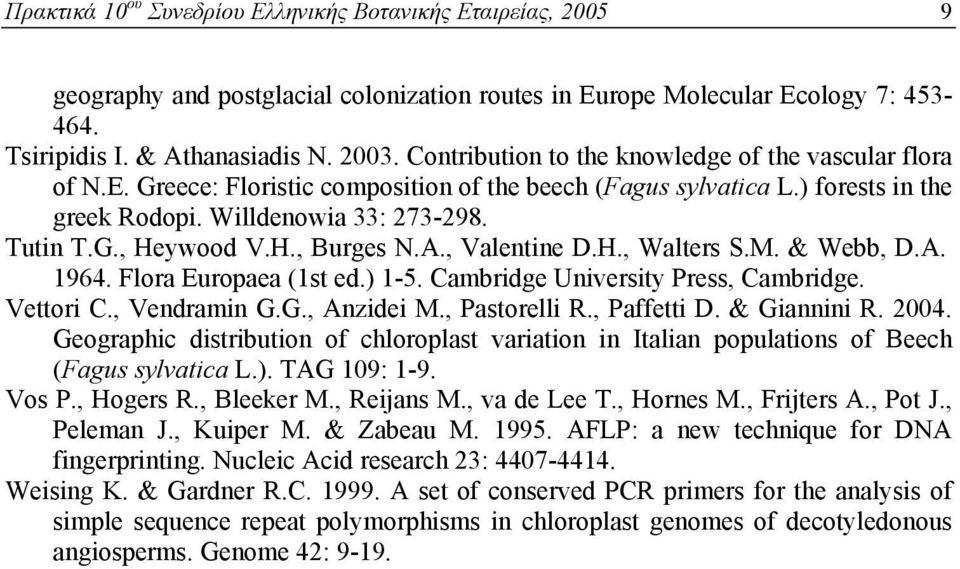 H., Burges N.A., Valentine D.H., Walters S.M. & Webb, D.A. 1964. Flora Europaea (1st ed.) 1-5. Cambridge University Press, Cambridge. Vettori C., Vendramin G.G., Anzidei M., Pastorelli R., Paffetti D.