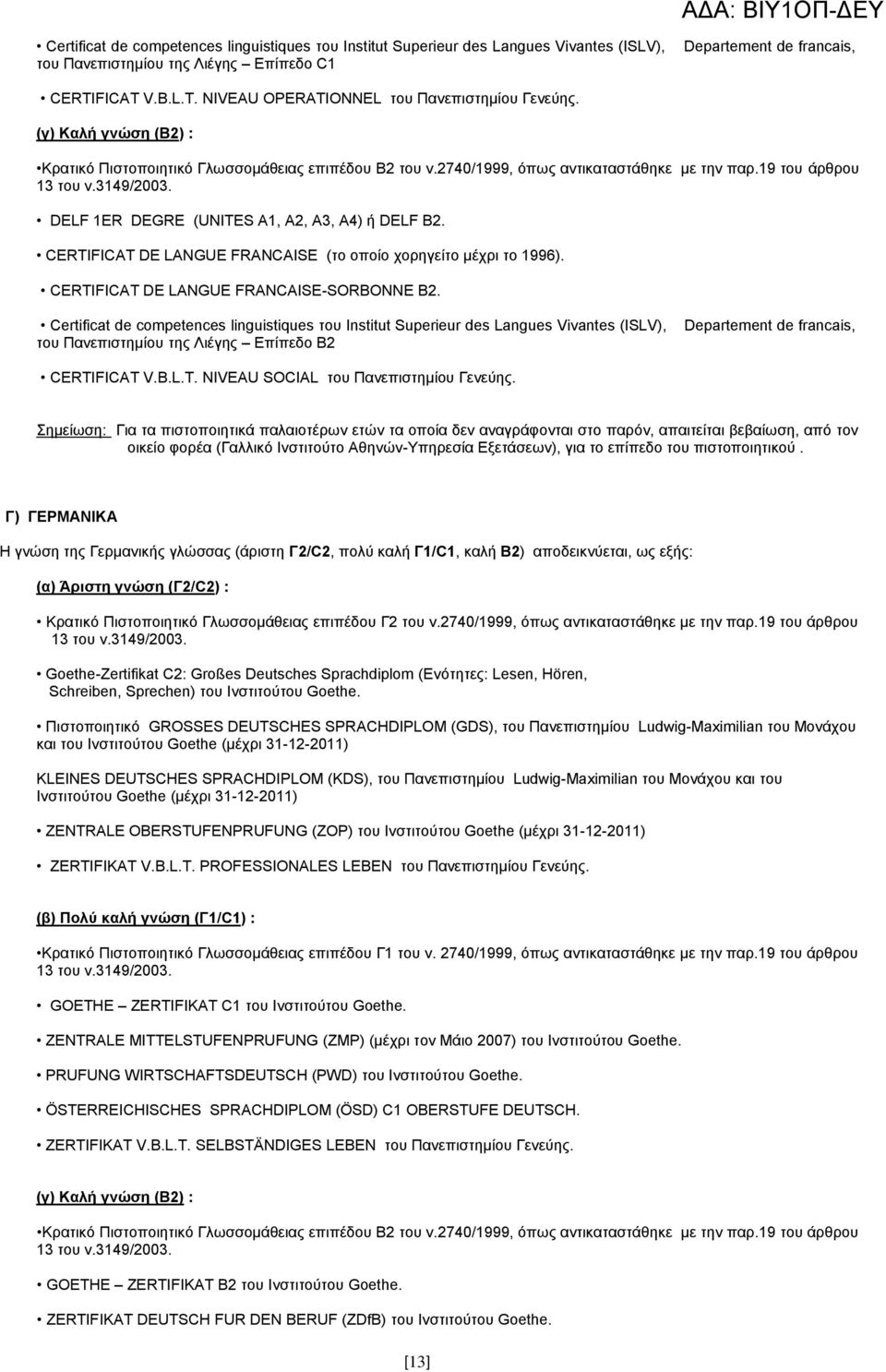 19 ηνπ άξζξνπ 13 ηνπ λ.3149/2003. DELF 1ER DEGRΔ (UNITES A1, A2, A3, A4) ή DELF B2. CERTIFICAT DE LANGUE FRANCAISE (ην νπνίν ρνξεγείην κέρξη ην 1996). CERTIFICAT DE LANGUE FRANCAISE-SORBONNE B2.