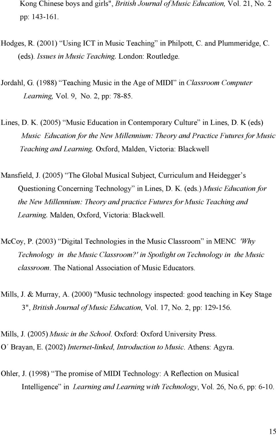 (2005) Music Education in Contemporary Culture in Lines, D. K (eds) Music Education for the New Millennium: Theory and Practice Futures for Music Teaching and Learning.