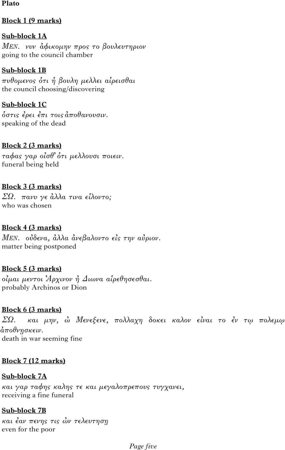 speaking of the dead Block 2 (3 marks) ταφας γαρ ο σθ τι µελλουσι ποιειν. funeral being held Block 3 (3 marks) ΣΩ. πανυ γε αλλα τινα ε λοντο; who was chosen Block 4 (3 marks) ΜΕΝ.