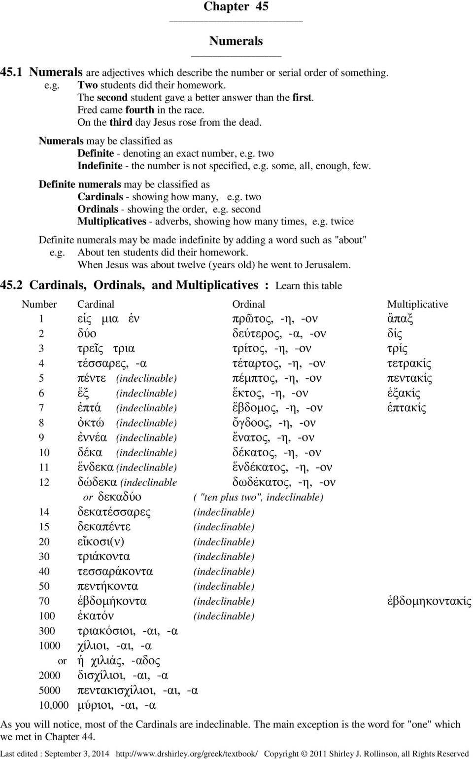 Definite numerals may be classified as Cardinals - showing how many, e.g. two Ordinals - showing the order, e.g. second Multiplicatives - adverbs, showing how many times, e.g. twice Definite numerals may be made indefinite by adding a word such as "about" e.