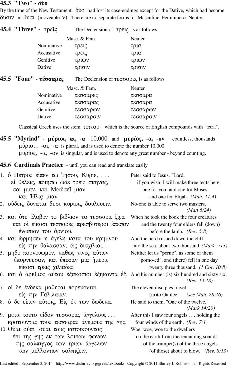 Neuter Nominative τρεις τρια Accusative τρεις τρια Genitive τριων τριων Dative τρισιν τρισιν 45.5 "Four" - τέσσαρες The Declension of τεσσαρες is as follows Masc. & Fem.