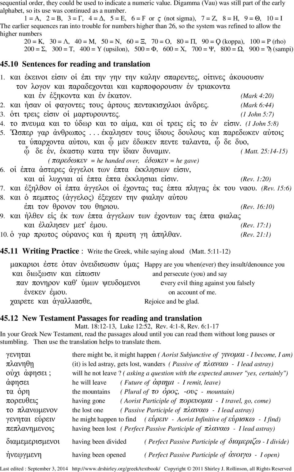 numbers 20 = K, 30 = Λ, 40 = M, 50 = N, 60 = Ξ, 70 = O, 80 = Π, 90 = Ϙ (koppa), 100 = P (rho) 200 = Σ, 300 = T, 400 = Y (upsilon), 500 = Φ, 600 = X, 700 = Ψ, 800 = Ω, 900 = Ϡ (sampi) 45.