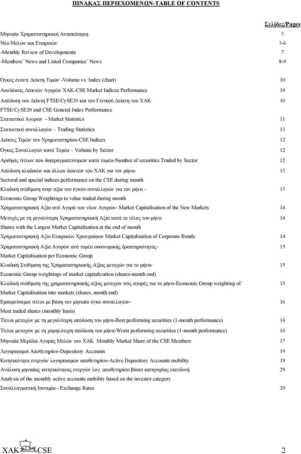Index (chart) 10 Αποδόσεις εικτών Αγορών ΧΑΚ-CSE Market Indices Performance 10 Απόδοση του είκτη FTSE/CySE20 και του Γενικού είκτη του ΧΑΚ 10 FTSE/CySE20 and CSE General Index Performance Στατιστικά