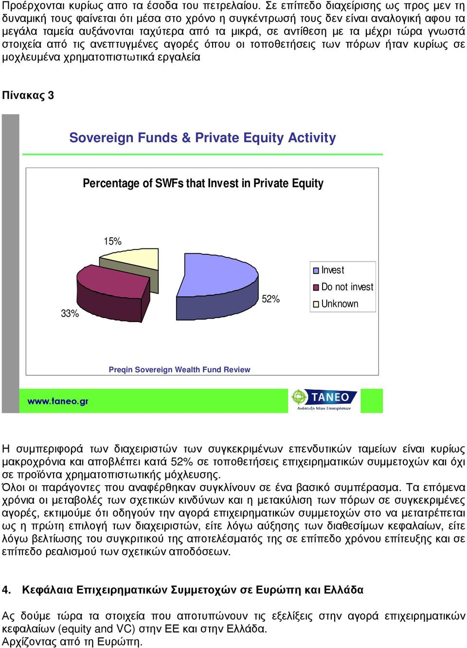 τώρα γνωστά στοιχεία από τις ανεπτυγµένες αγορές όπου οι τοποθετήσεις των πόρων ήταν κυρίως σε µοχλευµένα χρηµατοπιστωτικά εργαλεία Πίνακας 3 Sovereign Funds & Private Equity Activity Percentage of