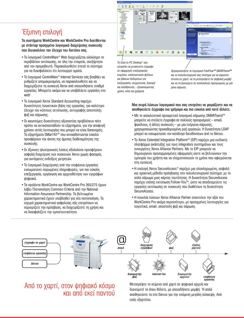 Το λογισµικ CentreWare Internet Services σάς βοηθάει να ρυθµίζετε αποµακρυσµένα, να παρακολουθείτε και να διαχειρίζεστε τη συσκευή Xerox απ οποιονδήποτε σταθµ εργασίας.