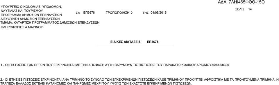- ΟΙ ΠΙΤΩΕΙ ΤΩΝ ΕΡΓΩΝ ΠΟΥ ΕΓΚΡΙΝΟΝΤΙ ΜΕ ΤΗΝ ΠΟΦΗ ΥΤΗ ΡΥΝΟΥΝ ΤΙ ΠΙΤΩΕΙ ΤΟΥ ΠΡΚΤΩ ΚΩΔΙΚΟΥ ΡΙΘΜΟΥ35/815/8300 2.