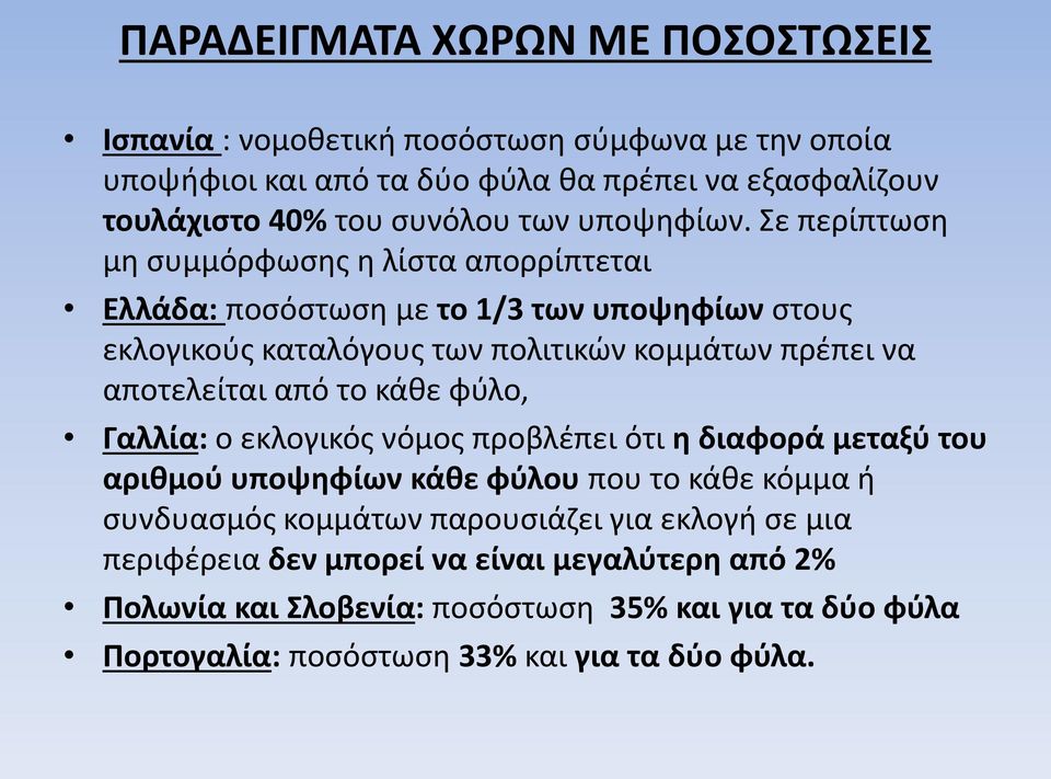 Σε περίπτωση μη συμμόρφωσης η λίστα απορρίπτεται Ελλάδα: ποσόστωση με το 1/3 των υποψηφίων στους εκλογικούς καταλόγους των πολιτικών κομμάτων πρέπει να αποτελείται από