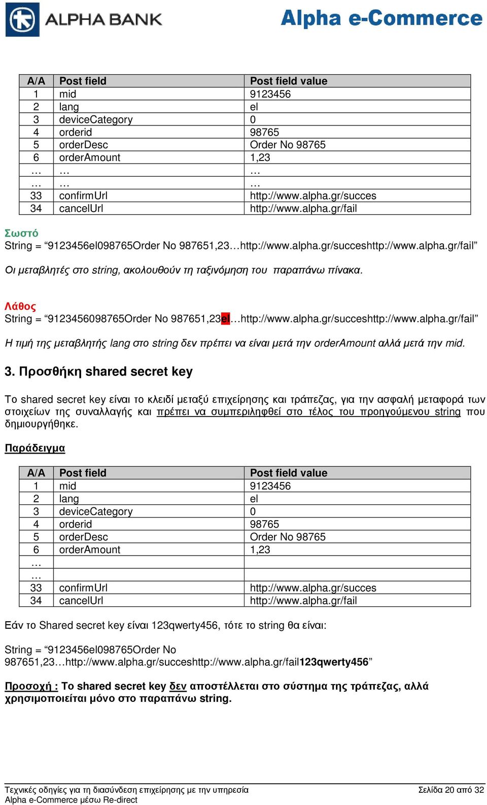 Λάθος String = 9123456098765Order No 987651,23el http://www.alpha.gr/succeshttp://www.alpha.gr/fail Η τιµή της µεταβλητής lang στο string δεν πρέπει να είναι µετά την orderamount αλλά µετά την mid. 3.