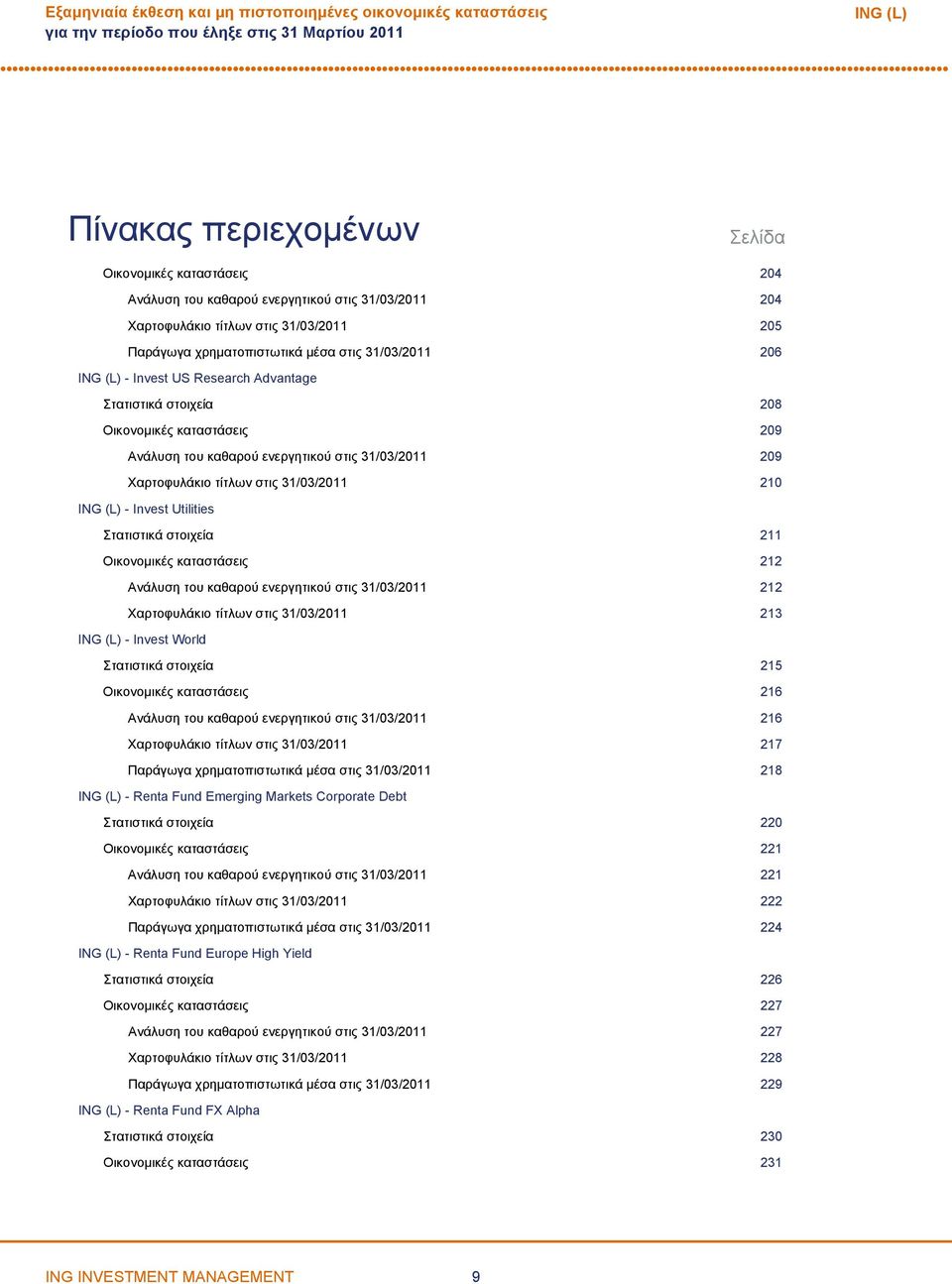 31/03/2011 209 Χαρτοφυλάκιο τίτλων στις 31/03/2011 210 ING (L) Invest Utilities Στατιστικά στοιχεία 211 Οικονομικές καταστάσεις 212 Ανάλυση του καθαρού ενεργητικού στις 31/03/2011 212 Χαρτοφυλάκιο