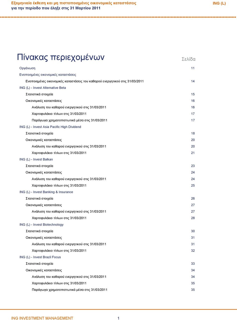 17 Παράγωγα χρηματοπιστωτικά μέσα στις 31/03/2011 17 ING (L) Invest Asia Pacific High Dividend Στατιστικά στοιχεία 18 Οικονομικές καταστάσεις 20 Ανάλυση του καθαρού ενεργητικού στις 31/03/2011 20