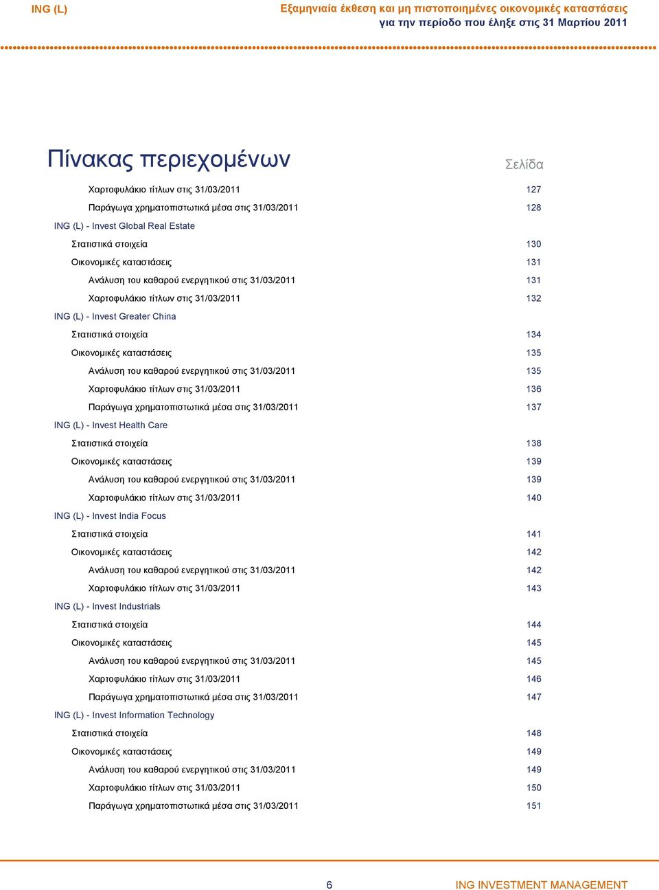 Στατιστικά στοιχεία 134 Οικονομικές καταστάσεις 135 Ανάλυση του καθαρού ενεργητικού στις 31/03/2011 135 Χαρτοφυλάκιο τίτλων στις 31/03/2011 136 Παράγωγα χρηματοπιστωτικά μέσα στις 31/03/2011 137 ING