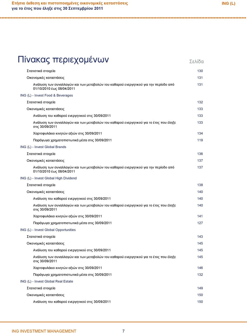 Ανάλυση των συναλλαγών και των μεταβολών του καθαρού ενεργητικού για το έτος που έληξε στις 30/09/2011 133 Χαρτοφυλάκιο κινητών αξιών στις 30/09/2011 134 Παράγωγα χρηματοπιστωτικά μέσα στις