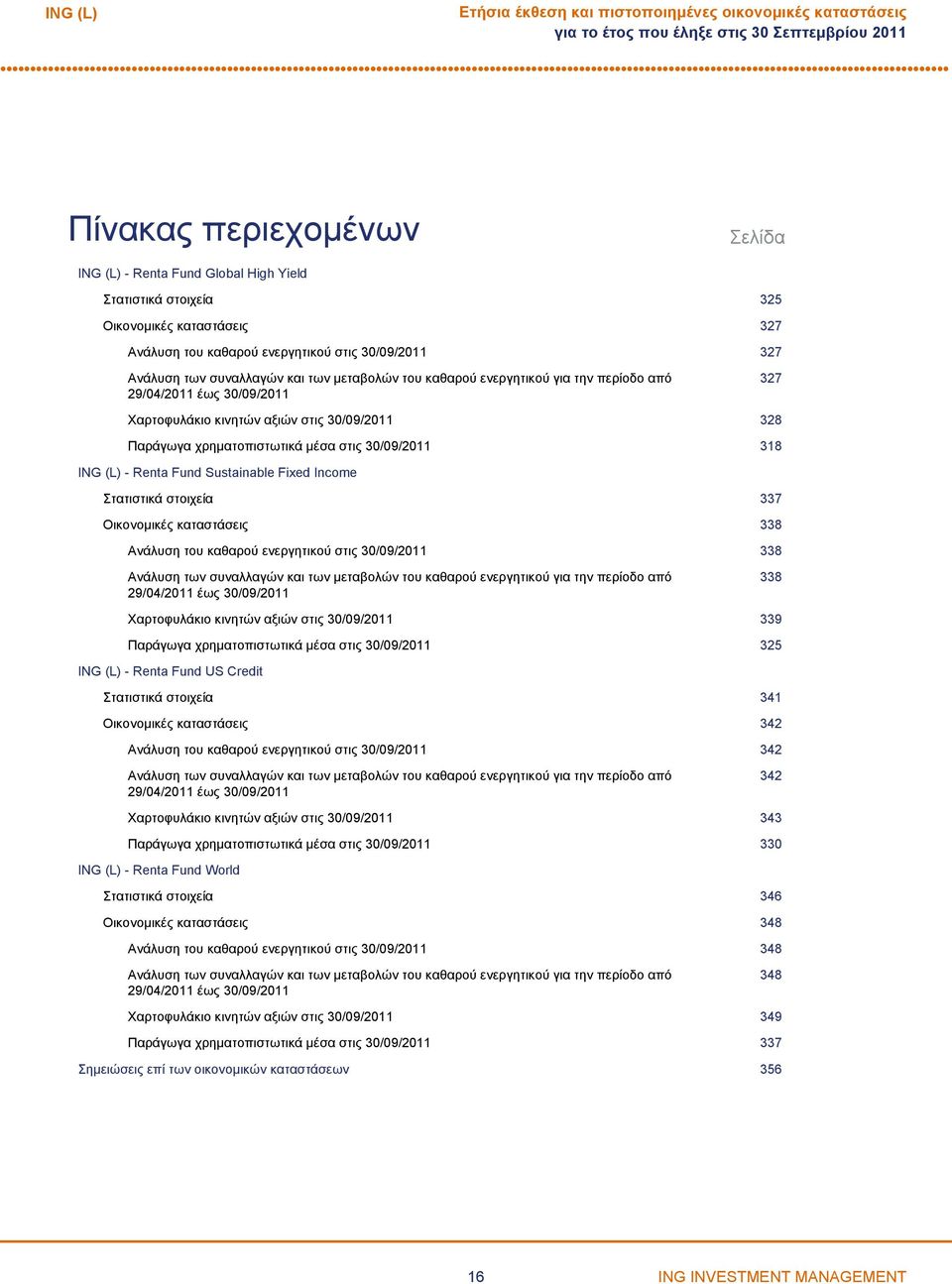 328 Παράγωγα χρηματοπιστωτικά μέσα στις 30/09/2011 318 ING (L) Renta Fund Sustainable Fixed Income Στατιστικά στοιχεία 337 Οικονομικές καταστάσεις 338 Ανάλυση του καθαρού ενεργητικού στις 30/09/2011