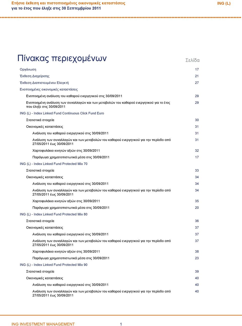 Linked Fund Continuous Click Fund Euro Στατιστικά στοιχεία 30 Οικονομικές καταστάσεις 31 Ανάλυση του καθαρού ενεργητικού στις 30/09/2011 31 Ανάλυση των συναλλαγών και των μεταβολών του καθαρού