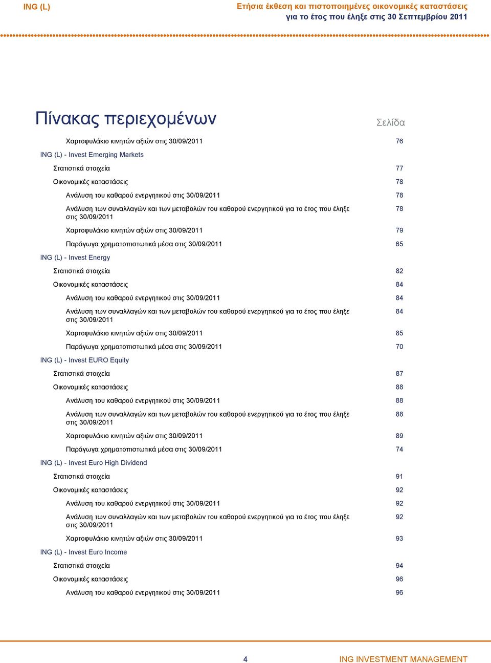 κινητών αξιών στις 30/09/2011 79 Παράγωγα χρηματοπιστωτικά μέσα στις 30/09/2011 65 ING (L) Invest Energy Στατιστικά στοιχεία 82 Οικονομικές καταστάσεις 84 Ανάλυση του καθαρού ενεργητικού στις