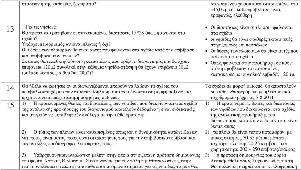 Σε αυτές θα τοποθετηθούν οι εγκαταστάσεις που ορίζει ο διαγωνισµός και θα έχουν επιφάνεια 120µ2 συνολικά στην κάθεµια νησίδα-στάση ή θα έχουν επιφάνεια 30µ2 (δηλαδή 4στάσεις x 30µ2= 120µ2)?