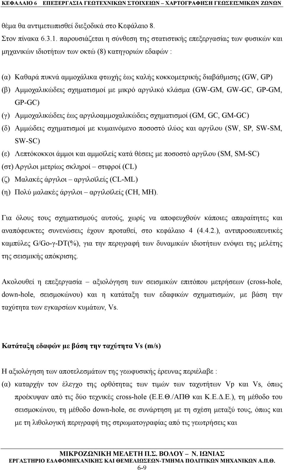 GP) (β) Αμμοχαλικώδεις σχηματισμοί με μικρό αργιλικό κλάσμα (GW-GM, GW-GC, GP-GM, GP-GC) (γ) Αμμοχαλικώδεις έως αργιλοαμμοχαλικώδεις σχηματισμοί (GM, GC, GM-GC) (δ) Αμμώδεις σχηματισμοί με